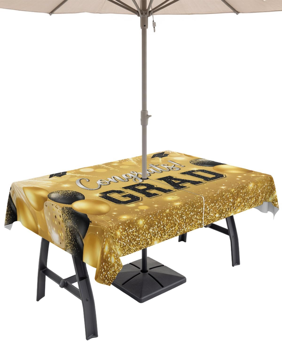 Outdoor Tablecloth with Umbrella Hole and Zipper, Congratulations Graduations Rectangle Table Cloth 60x102 Inch Waterproof Tablecloth, Golden Fireworks Balloons Picnic Table Cover for Patio Camping
