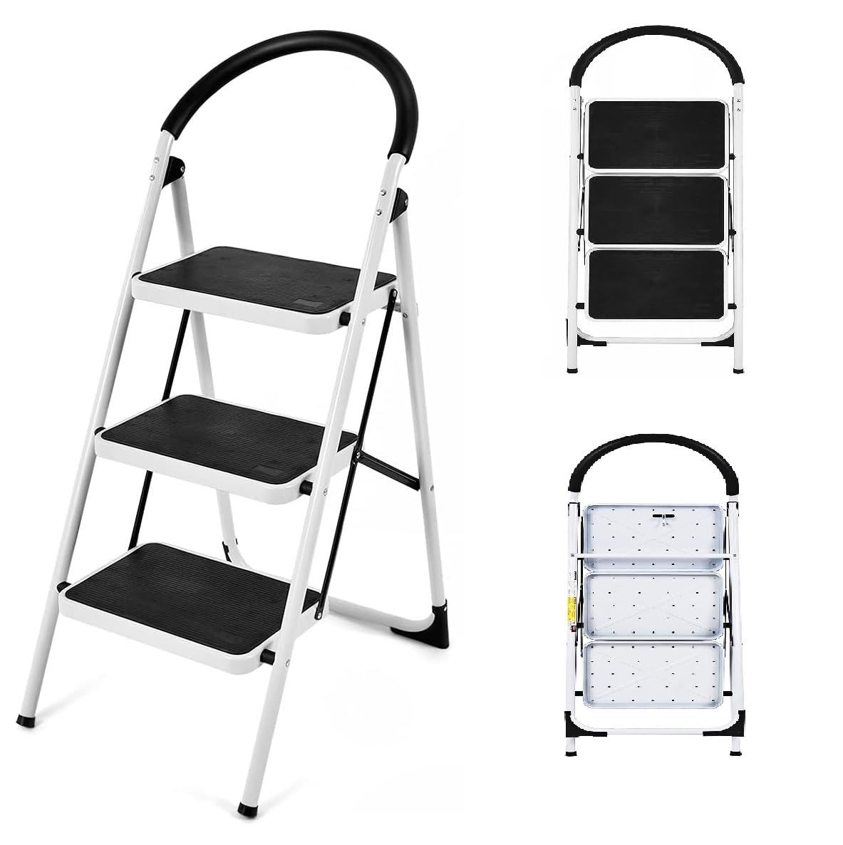 COSTWAY3 Step Ladder, Folding Step Stool w/Wide Anti-Slip Pedal & Cushioned Handle, Multiuse Lightweight Portable Stepladder 330 lbs Capacity, Stool Ladder for Home Kitchen Office