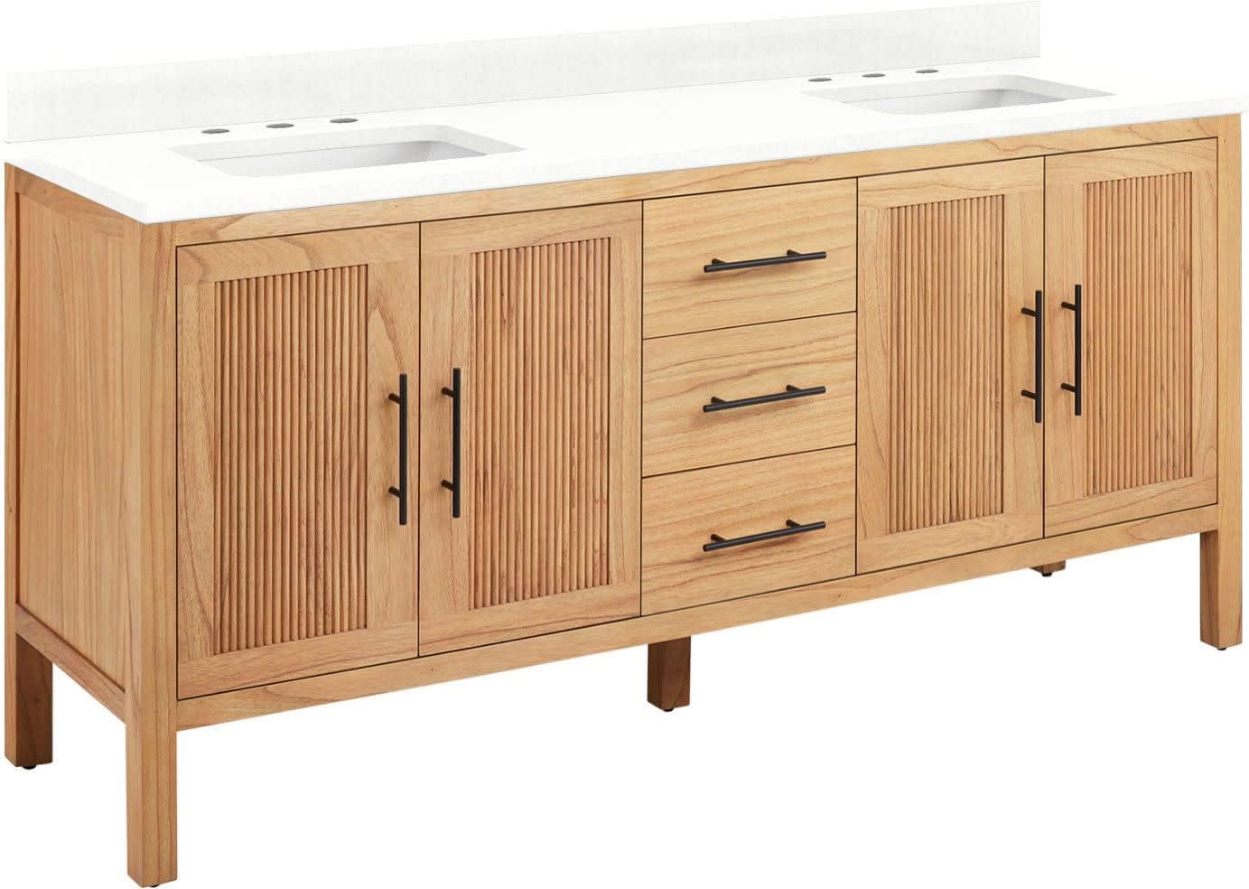 Signature Hardware 481838 Ayanna 72" Free Standing Double Vanity Set with Mindi Wood Cabinet, Vanity Top and Rectangular Undermount Vitreous China Sink - 8" Faucet Holes