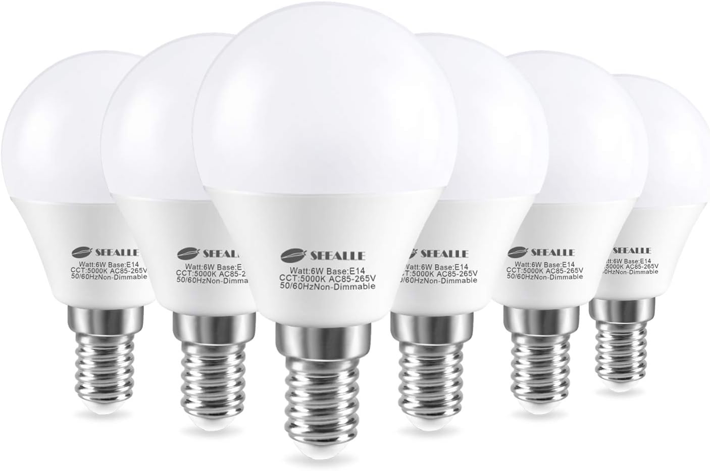 E14 LED Small Edison Screw (SES) Golf Ball Bulbs, Seealle 6W G45 E14 LED Lights Bulbs, Equivalent to 60W Halogen Bulb, 5000K Daylight White, Non-Dimmable (Pack of 6) [Energy Class A+] [Energy Class A+]