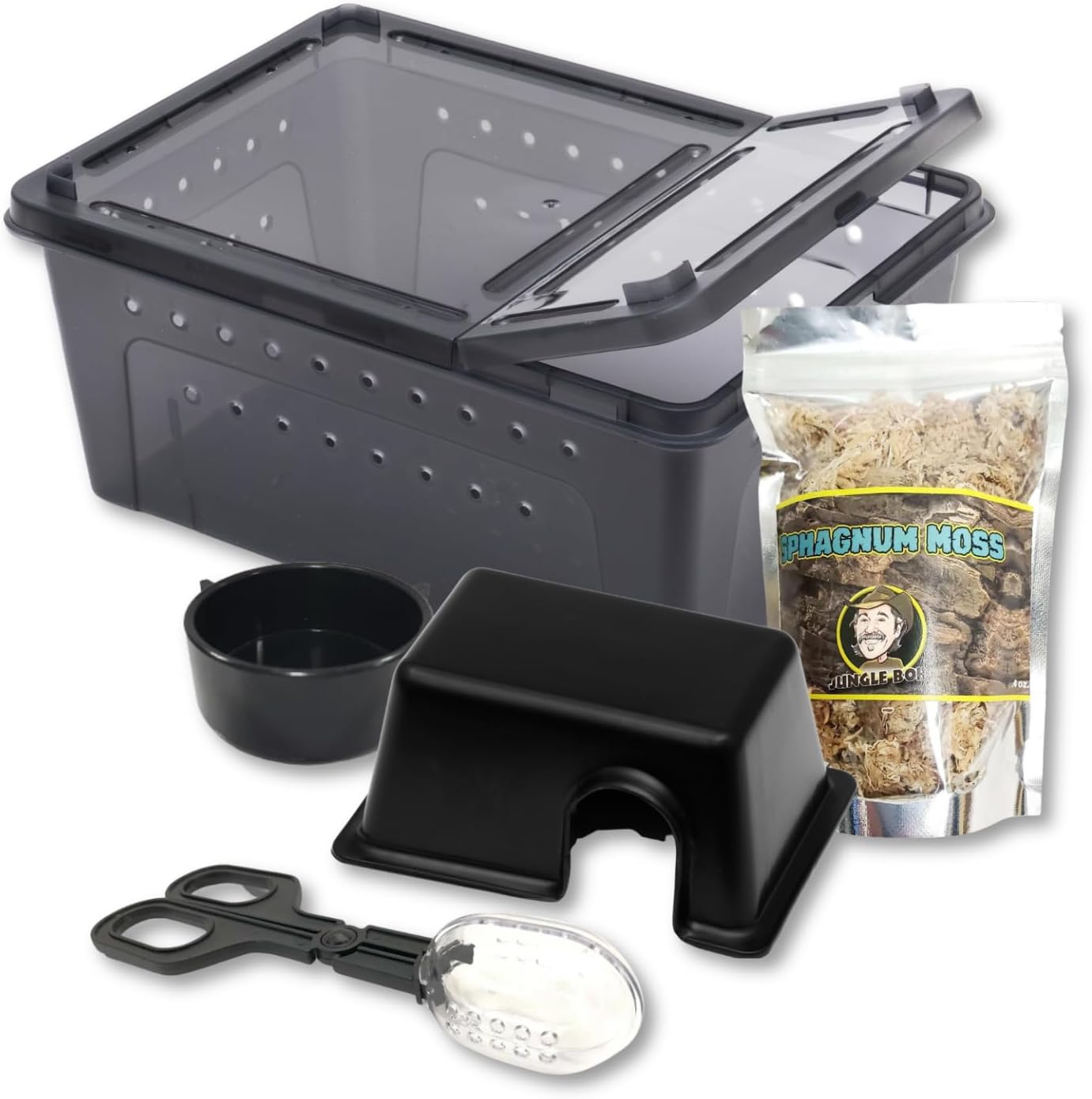 Jungle Bob - Medium Terrarium Bundle - with 10.25" x 7" x 4.5" Black Plastic Terrarium Box, Small Rectangle Hide Box, Sphagnum Moss (0.4oz), Grabber (7.25"), & Round Corner Bowl - Reptile Habitat Kit