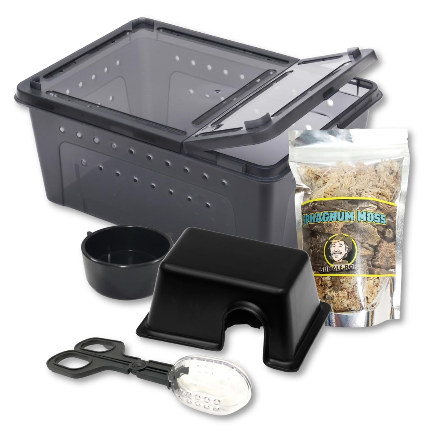 Jungle Bob - Medium Terrarium Bundle - with 10.25" x 7" x 4.5" Black Plastic Terrarium Box, Small Rectangle Hide Box, Sphagnum Moss (0.4oz), Grabber (7.25"), & Round Corner Bowl - Reptile Habitat Kit