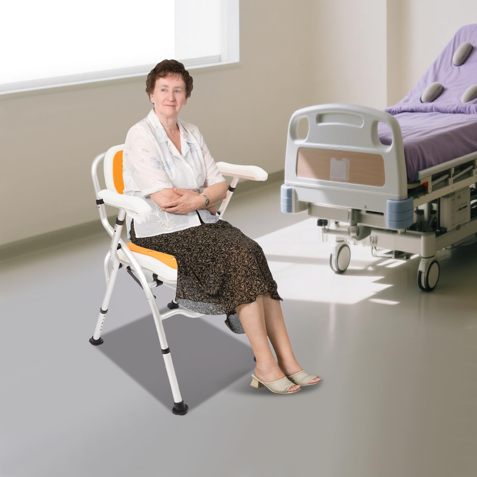 Sedie da doccia con braccioli e schienale, sedia pieghevole per WC e doccia con contenitore per urina, colore arancione, sgabello da bagno da 150 kg, altezza regolabile da 42 a 47 cm, cassettiera per