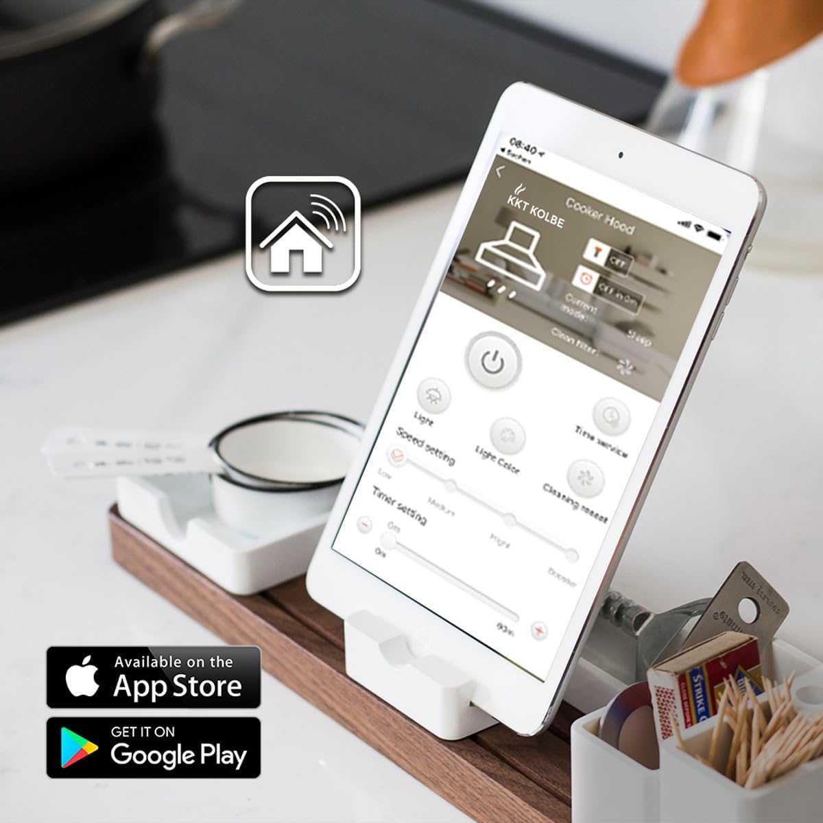 Smartphone displaying the KKT KOLBE cooker hood control app