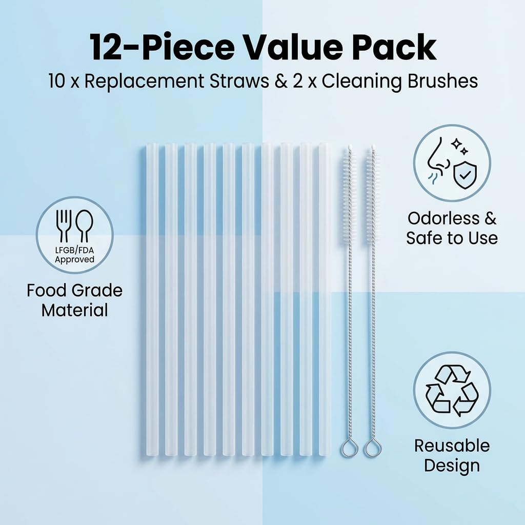 10 Piezas Pajitas Reutilizables De Repuesto Compatible con Hydro Flask, Para Botella De Agua 18-64oz, Pajitas Transparentes Sin BPA Con 2 Cepillos De Limpieza Para Smoothies, Jugo, Té Y Agua