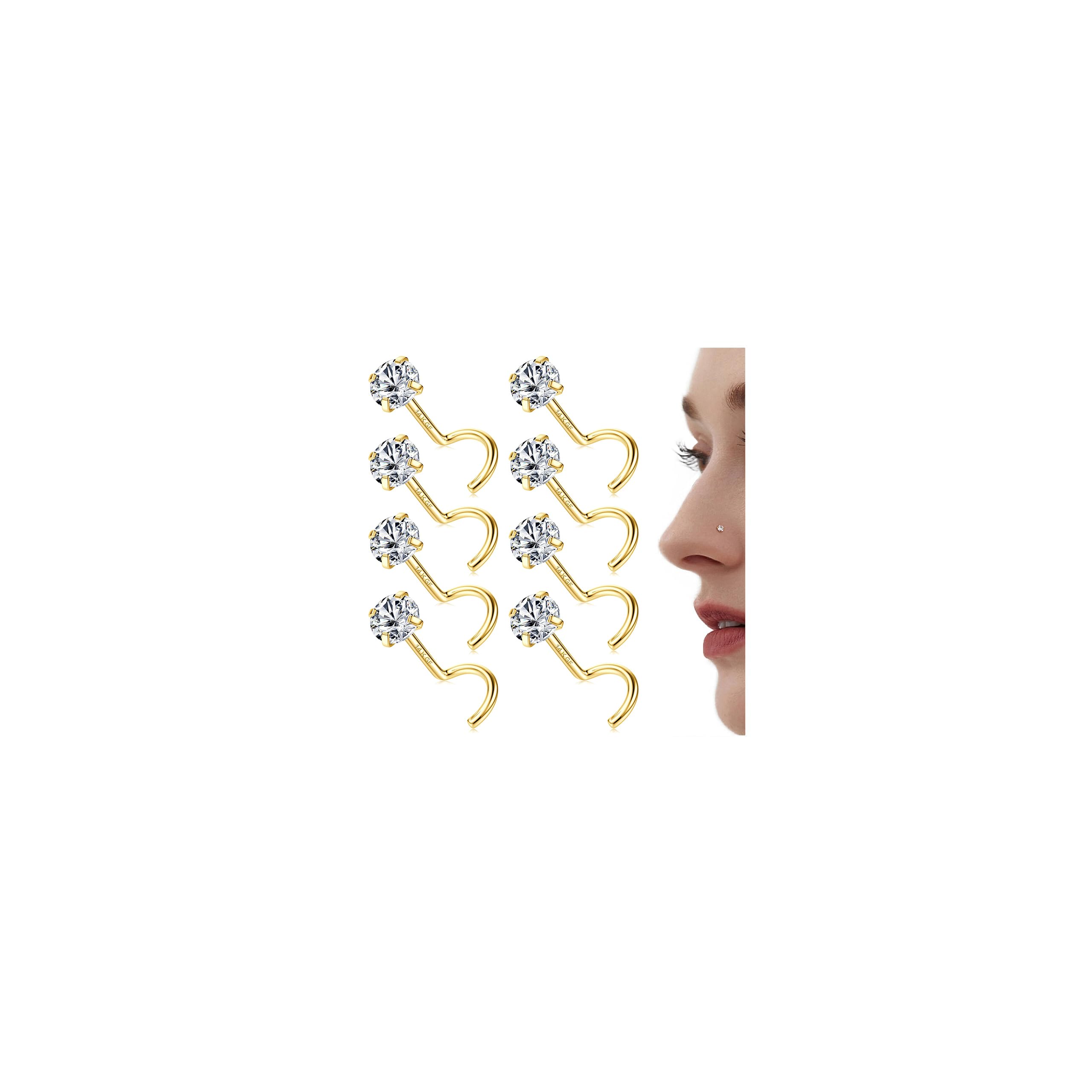 LOLIAS 14K Gold Filled Nose Studs 316L Surgical Steel Nose Rings Studs 6A Cubic Zirconia Corkscrew L Shaped Nose Piercing Hypoallergenic Nose Rings