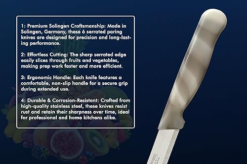 Miniatura 6 de SMI - Juego de 6 cuchillos de pelar con borde dentado, cuchillo para verduras, cuchillo de frutas, cuchillo de cocina fabricado en Solingen Alemania