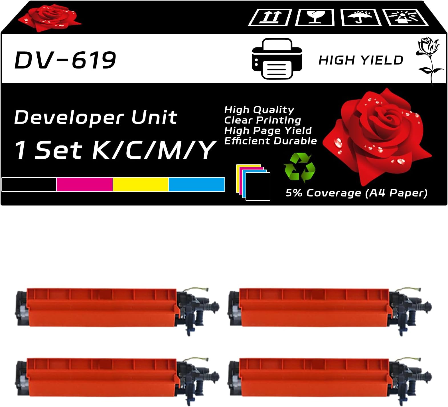 DV-619 Developer Unit Compatible for Konica Minolta Bizhub C458 C558 C658 C258 C308 C368 C454 C554 Printers, with Chip, High Yield 400000 Pages, Clear Printing (4-Pack BK/C/M/Y)