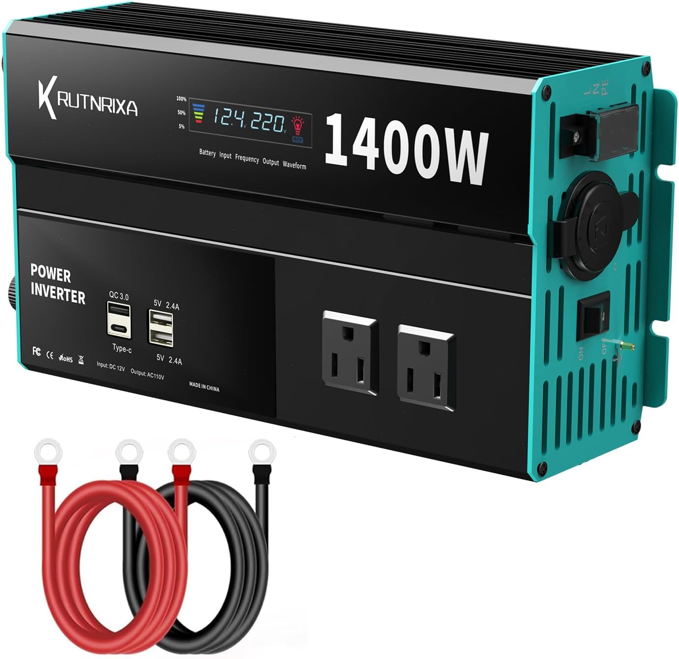 Power Inverters 12V DC to 110V AC Converter for Vehicles USB-C/PD 25W Fast Charging Ports Car Charger Adapter with a Cigarette Lighter Ports Plug Outlet (Modified sine wave-1400W)
