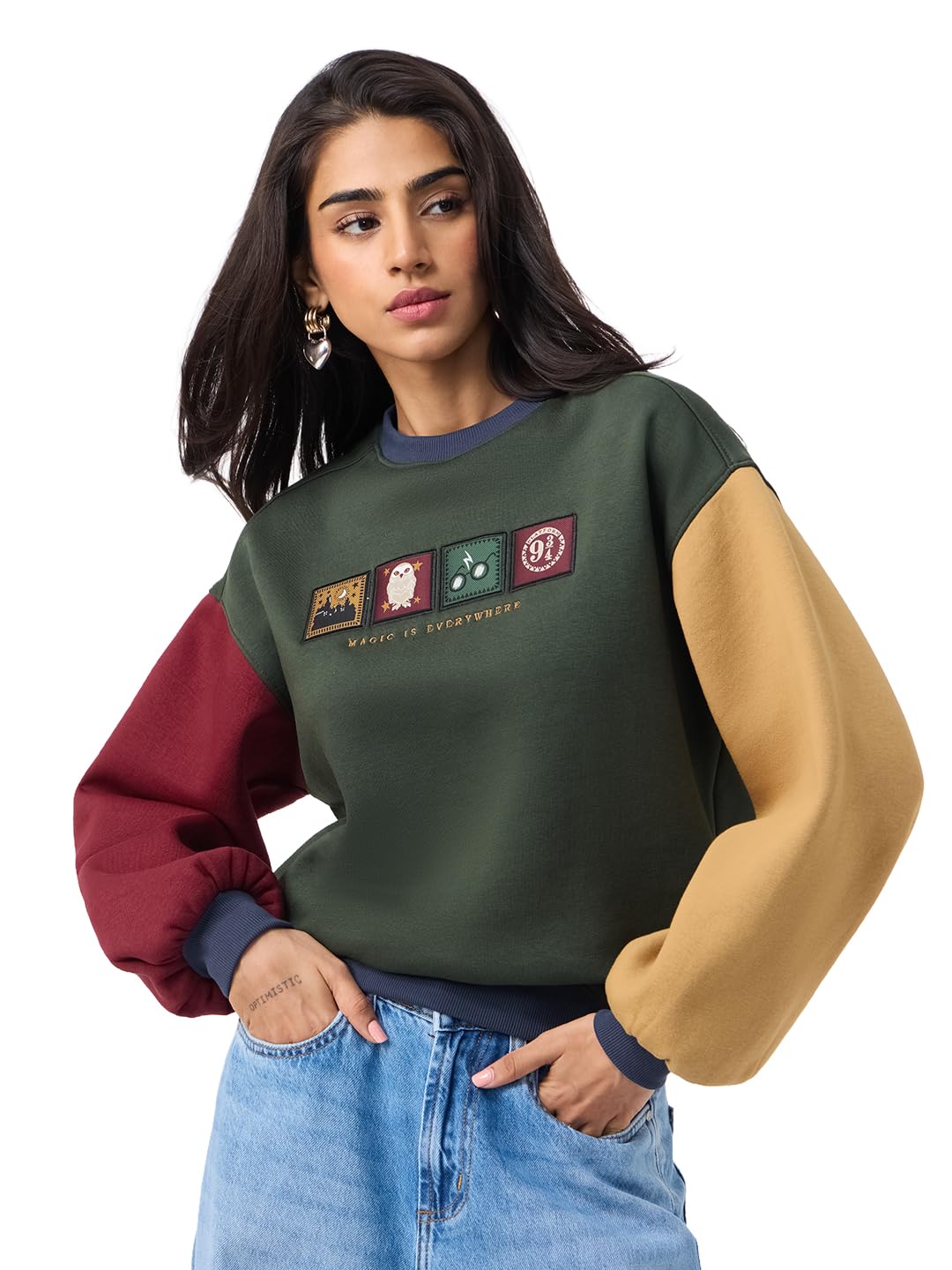 the souled store Harry Potter: Magic is Everywhere Women and Girls Full Sleeves Round Neck Olive Green Cotton Blend Casual Drop Shoulder Streetwear Winter Wear Pullover Oversized Sweatshirt-picture-33