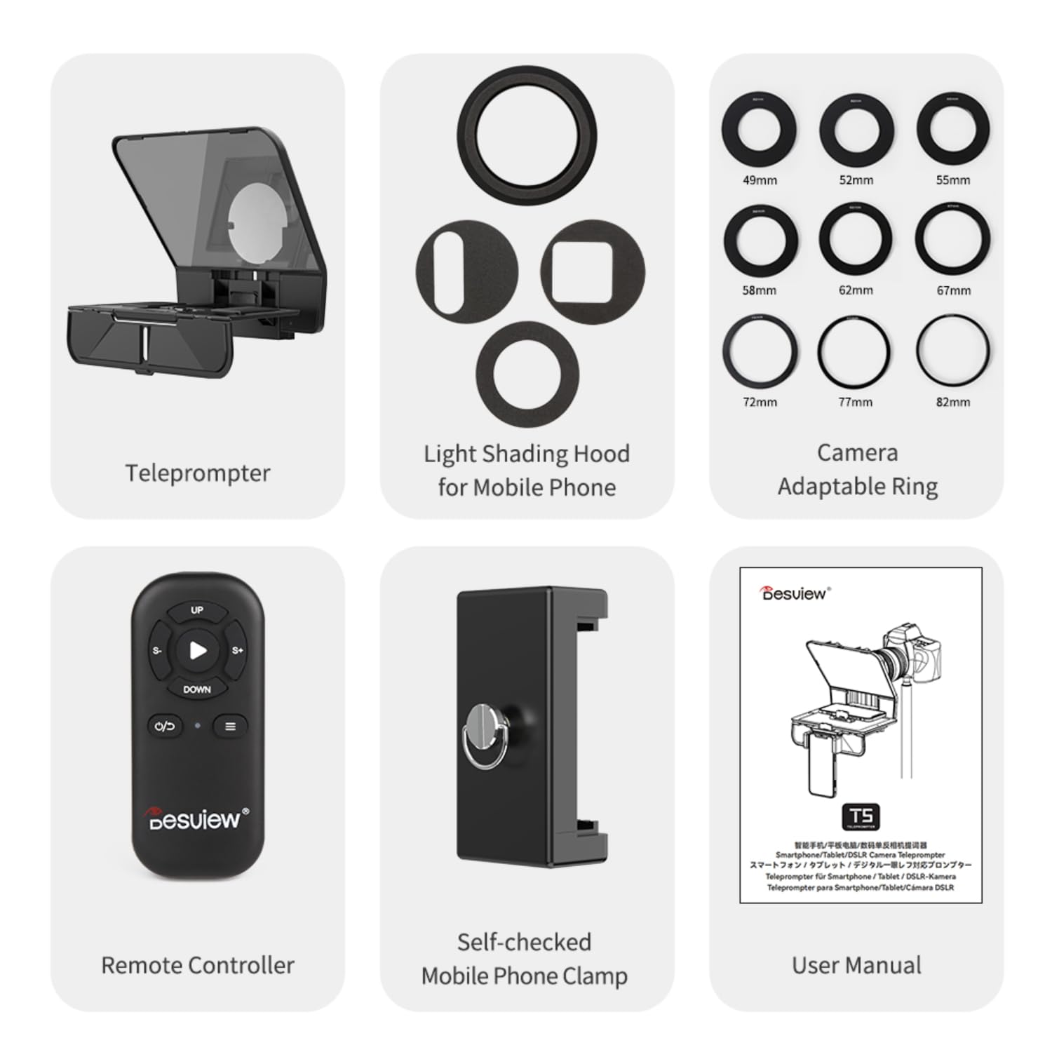Desview T5 Teleprompter für Smartphone, Tablet & Kamera – Tragbarer Teleprompter für Video-Interviews, Live-Streaming, Vlogging & Outdoor-Aufnahmen – inkl. 49–82mm Kamera-Adapterringe