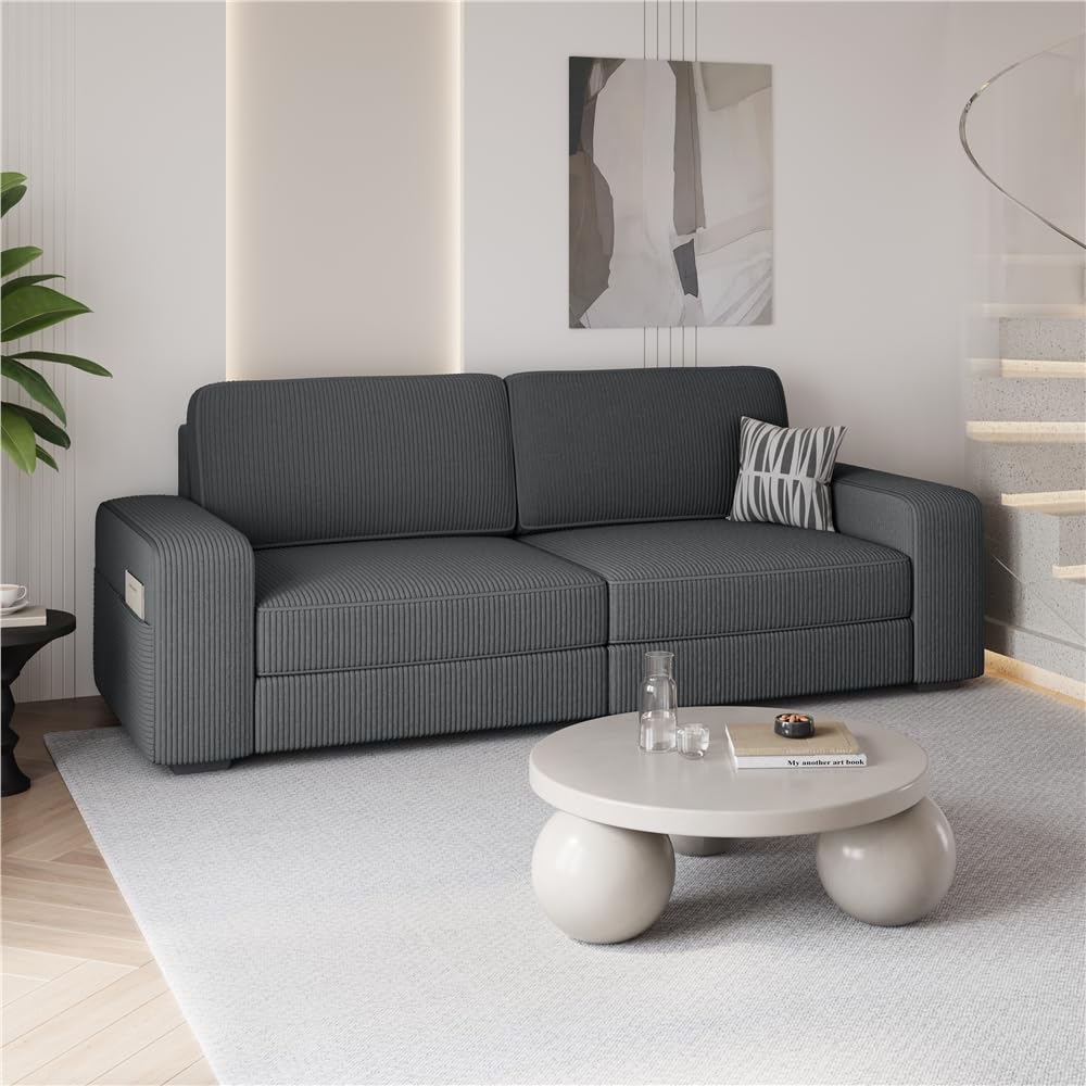 Yaheetech Sofa 212 x 83,5 cm Polstersofa aus Cordstoff mit Abnehmbare Kissen und Rückenlehnen Couch mit Breite Armlehnen für Wohnzimmer/Schlafzimmer Dunkelgrau