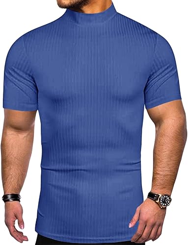 Miniatura 3 de Suéter de manga corta para hombre, cuello alto, acanalado, color sólido, básico, ajustado, ligero