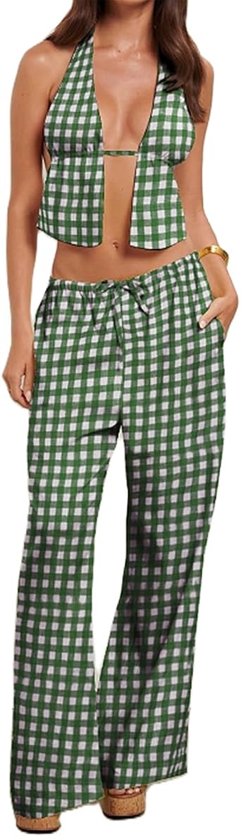 Womens Summer 2 Piece Outfits Sexy Tie-Up Halter Neck Backless Sleeveless Tank Tops Wide-Leg Pants Y2K Streetwear