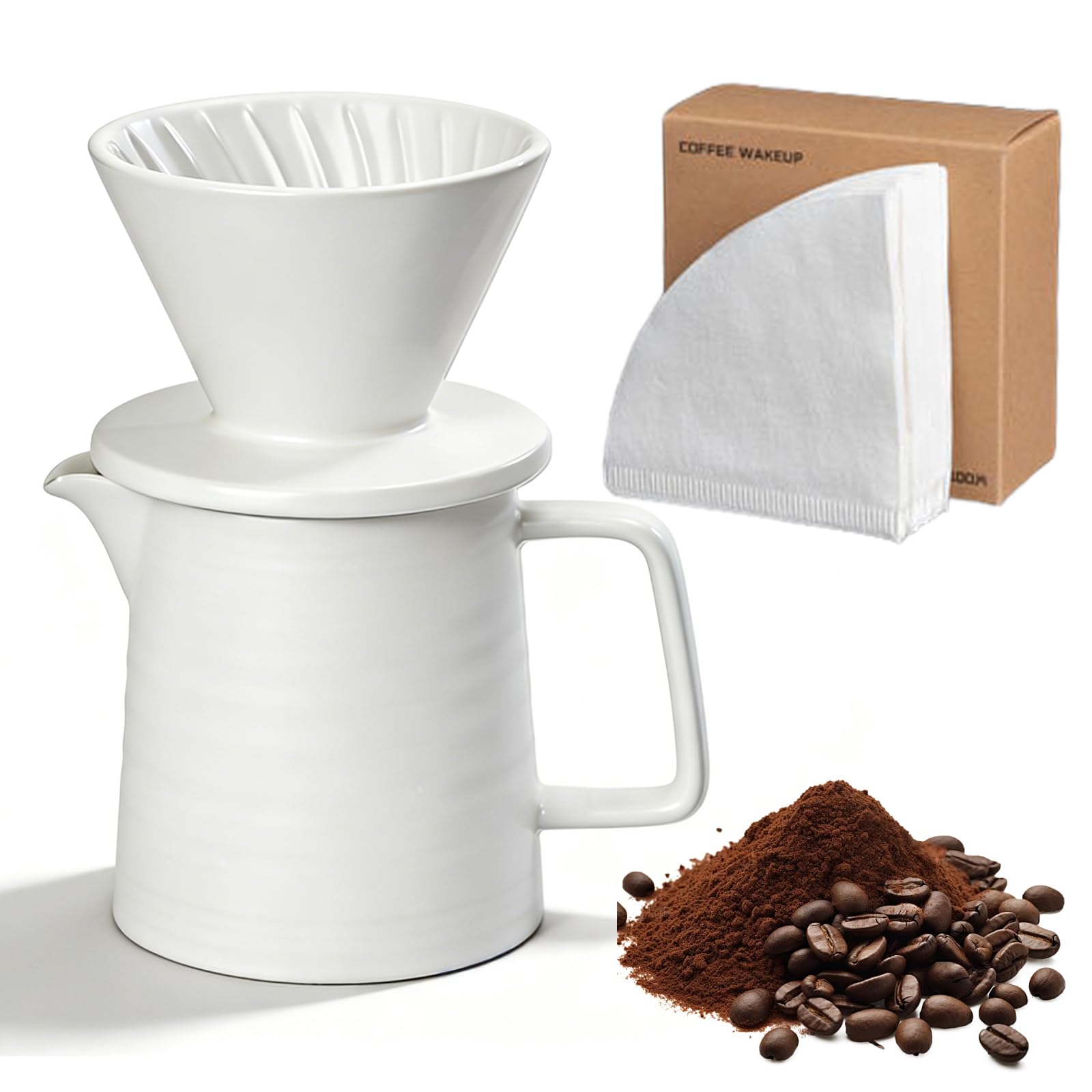 Leikurvo Juego de cafetera Pour Over, filtro de café de porcelana de 450 ml, con taza y 100 filtros de papel, gotero de café de cerámica, cafetera manual para casa, oficina, exterior, camping (blanco)