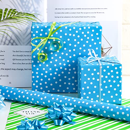 Packanewly Wrapping Paper Set - 17 Inch X 120 Inch Blue Green Dot Triangle Stripe Mini Roll With Ribbon And Tag Stickers (3-Pack, 42.3 Sq.ft.ttl.) #TOP7