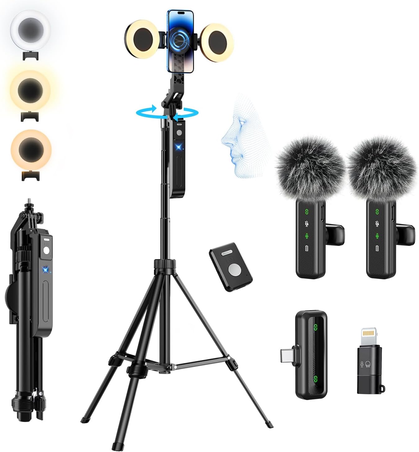 yAyusi Vlogging Kit for iPhone/Android, 70.9" Magnetic Auto Face Tracking Tripod for iPhone with Light, Microphone/Remote Control, Content Creator Essentials Starter Kit for TikTok and YouTube