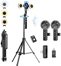 yAyusi Vlogging Kit for iPhone/Android, 70.9" Magnetic Auto Face Tracking Tripod for iPhone with Light, Microphone/Remote ...
