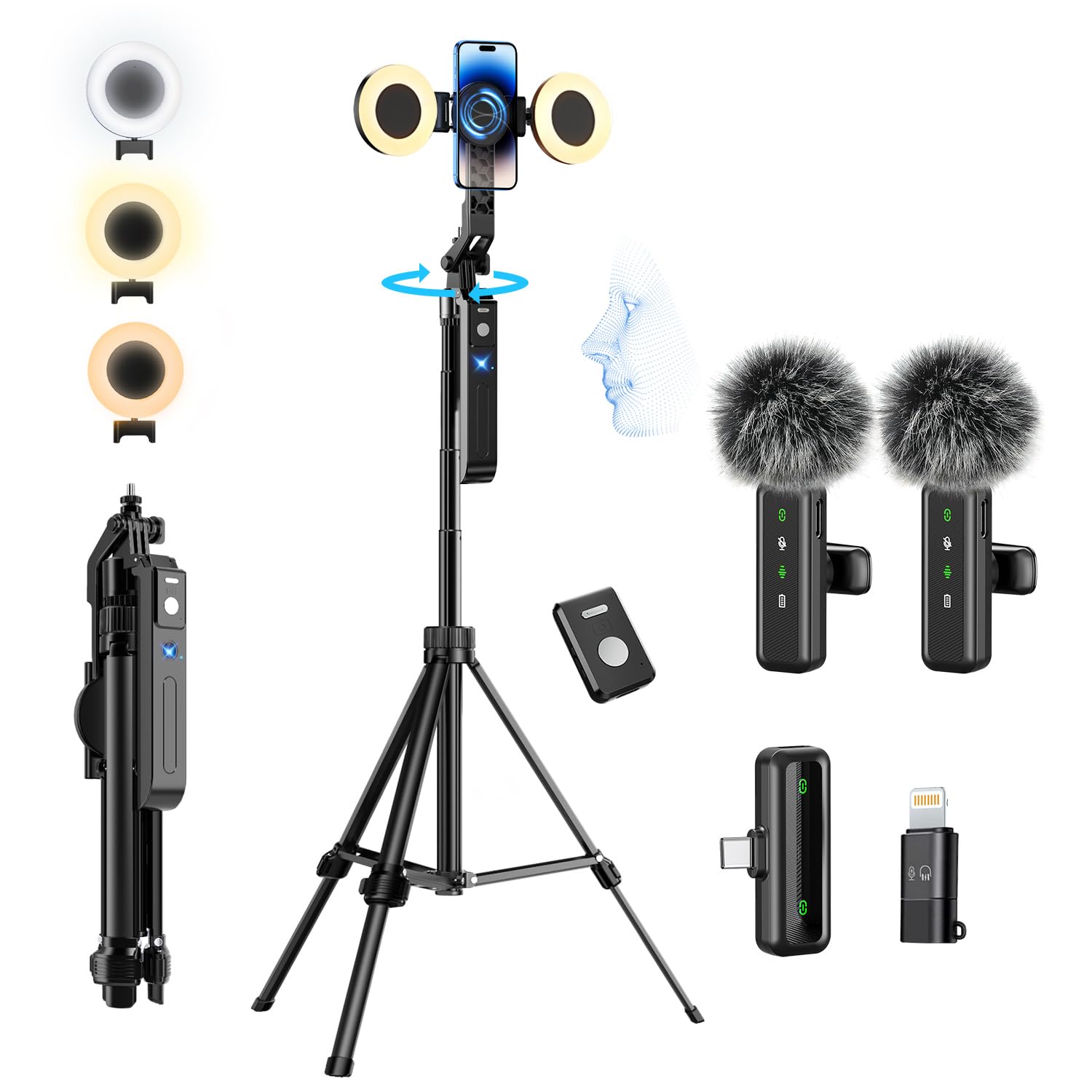 yAyusi Vlogging Kit for iPhone/Android, 180 CM Auto Face Tracking Tripod with Ring Light, Microphone, Remote Control, Content Creator Essentials Podcast Equipment for TikTok and YouTube