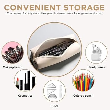 Portable PU Pencil Case – Slim Beige Pen Pouch for School, College & Office, Lightweight Stationery Organizer with Zipper, Cosmetic Bag for Men & Women