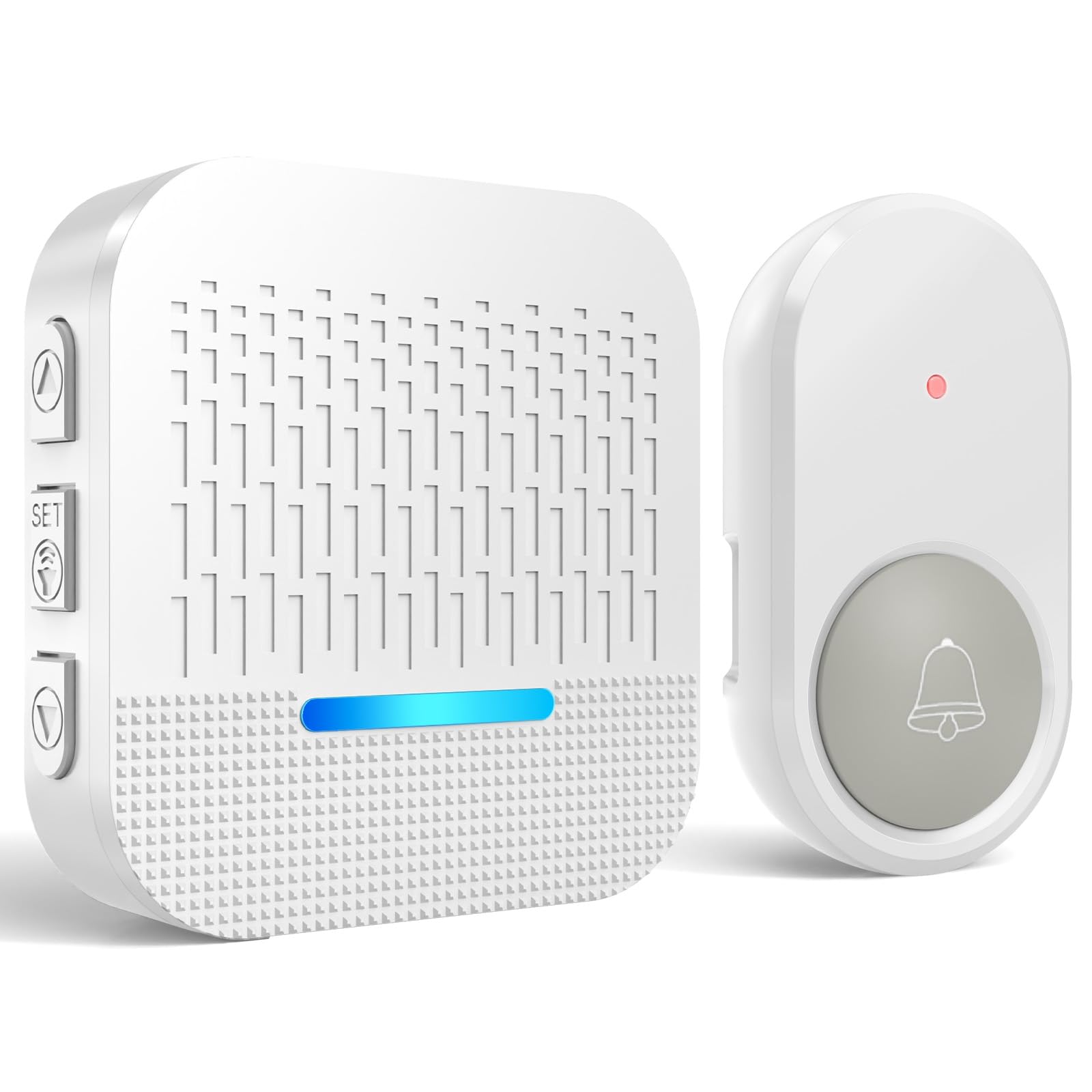 SURFOU Timbre Inalámbrico Exterior Impermeable con Batería 300M de Distancia e Enchufe Receptores Timbre para Casa 55 Tonos Incluidos de Navidad 5 Niveles de Volumen e Indicador LED, Blanco