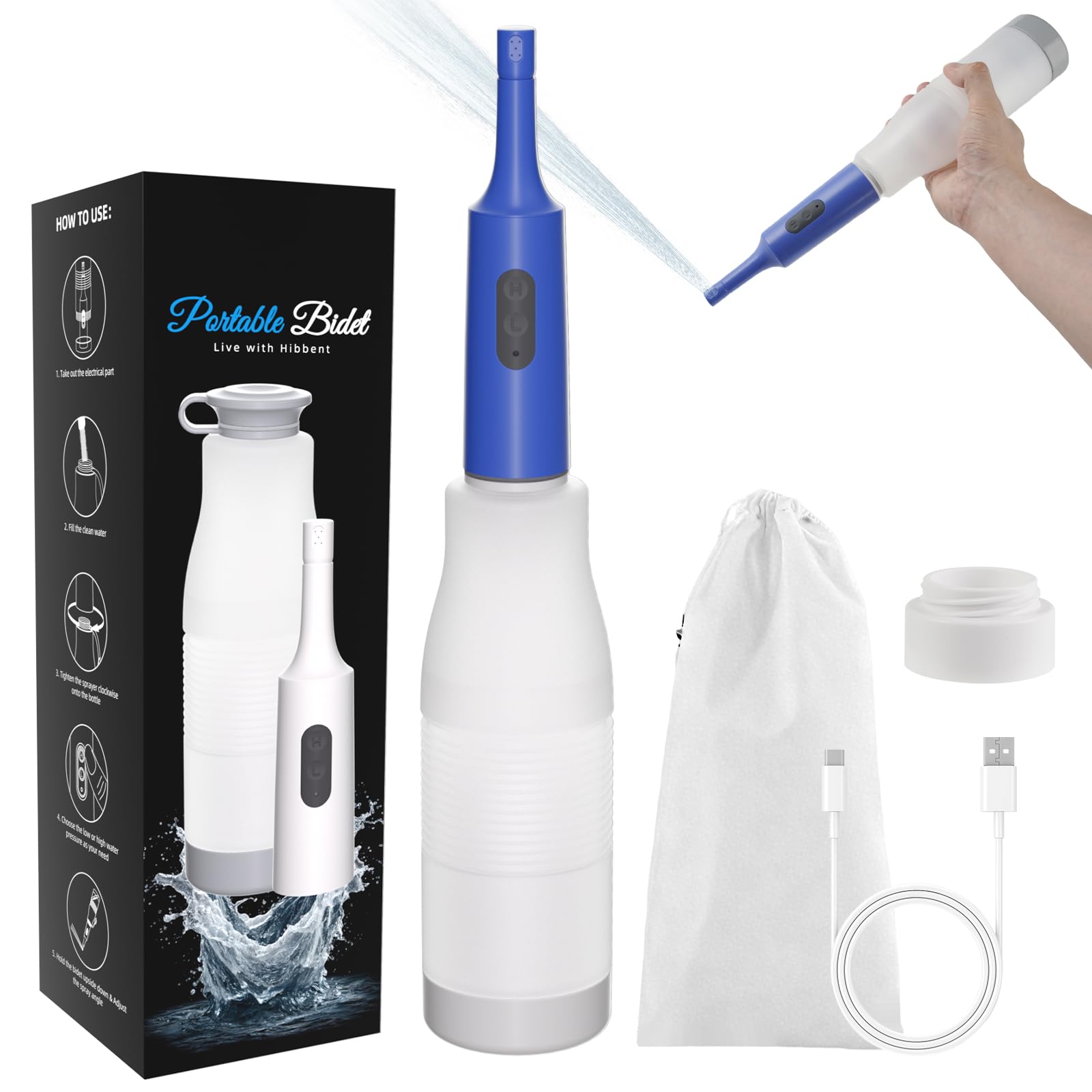 Hibbent Portable Bidet for Travel, High Pressure Electric Handheld Bidet Sprayer, 350-550ML Expandable Bottle for Personal Hygiene, USB-C Rechargeable Waterproof, Travel Sprayer for Women &amp; Men, Blue
