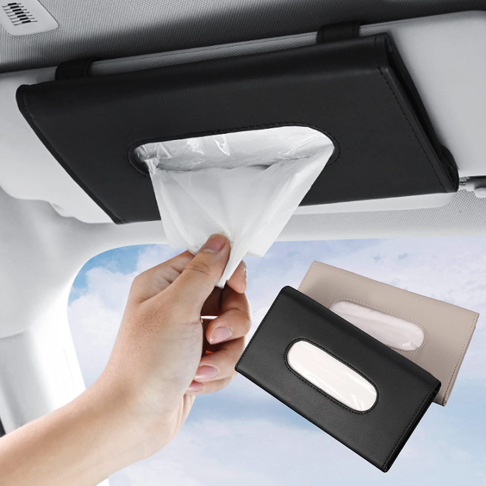 2 Pcs Car Tissue Holder, Car Visor Napkin Case, PU Leather Car Visor Tissue Box,Hanging Paper Towel Clip for Car Sun Visor