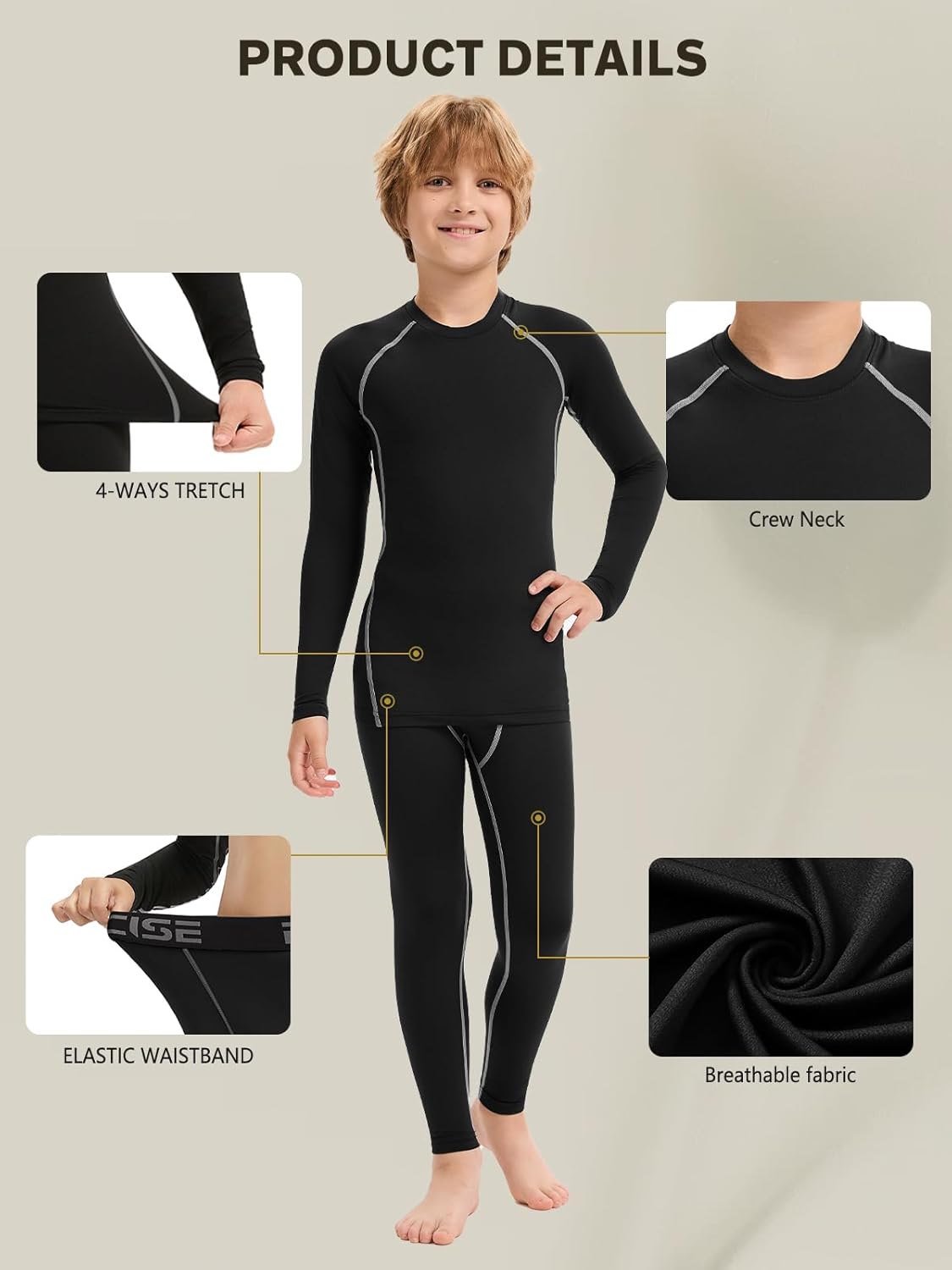 2 Packs Boys Thermal Underwear Set Boys Compression Set Athletic Kids Thermals Top and Bottom Baselayer Sets - Image 5