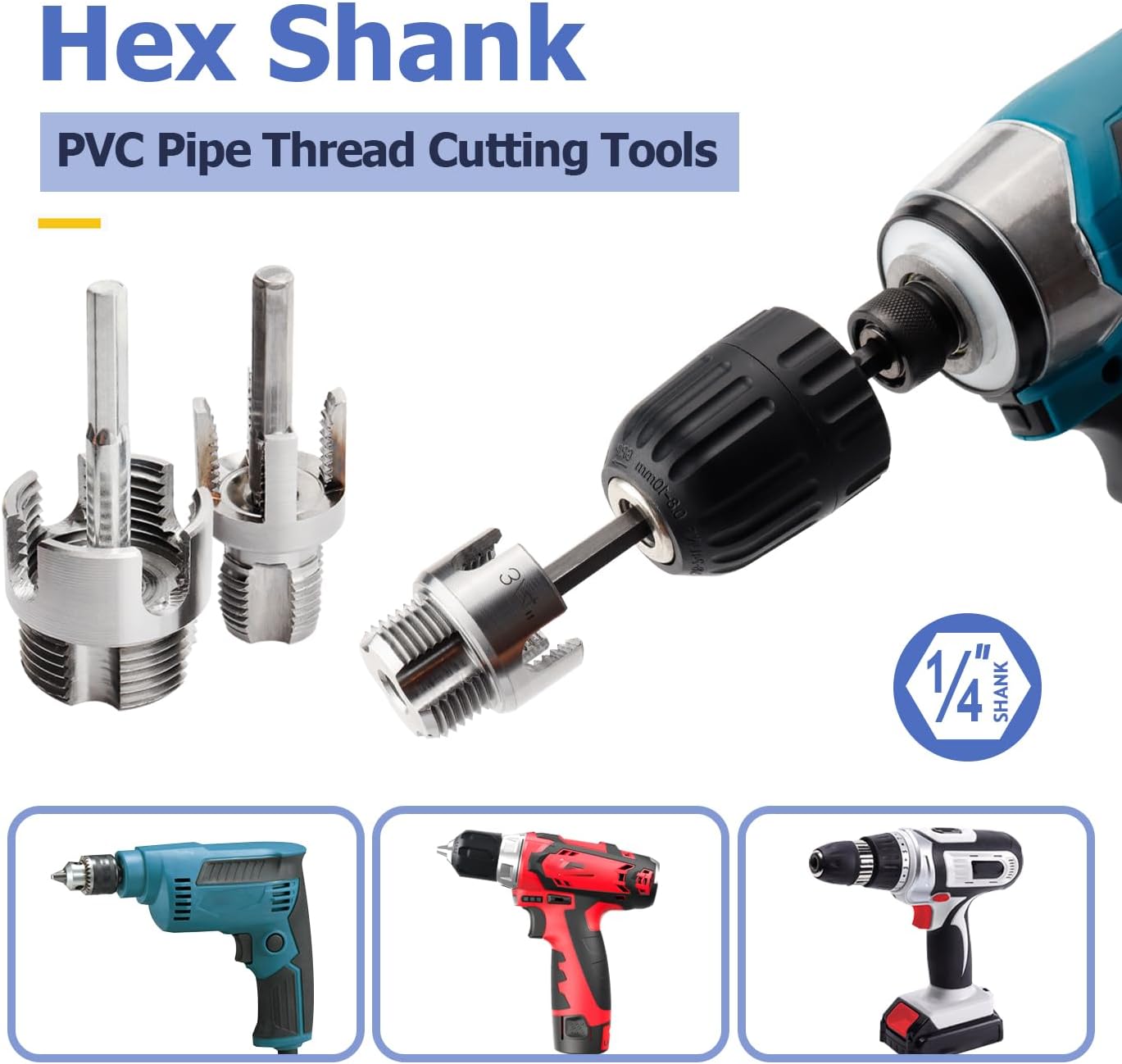 3Pcs Internal & External Pipe Threading Tool Kit, Dual-Function Tube Thread Cutting Tools 1/2'' 3/4'' & 1'' PVC Pipes Threader 1/4" Hex Shank Quick Change Pipe Threading Tool Fit Electric Drills