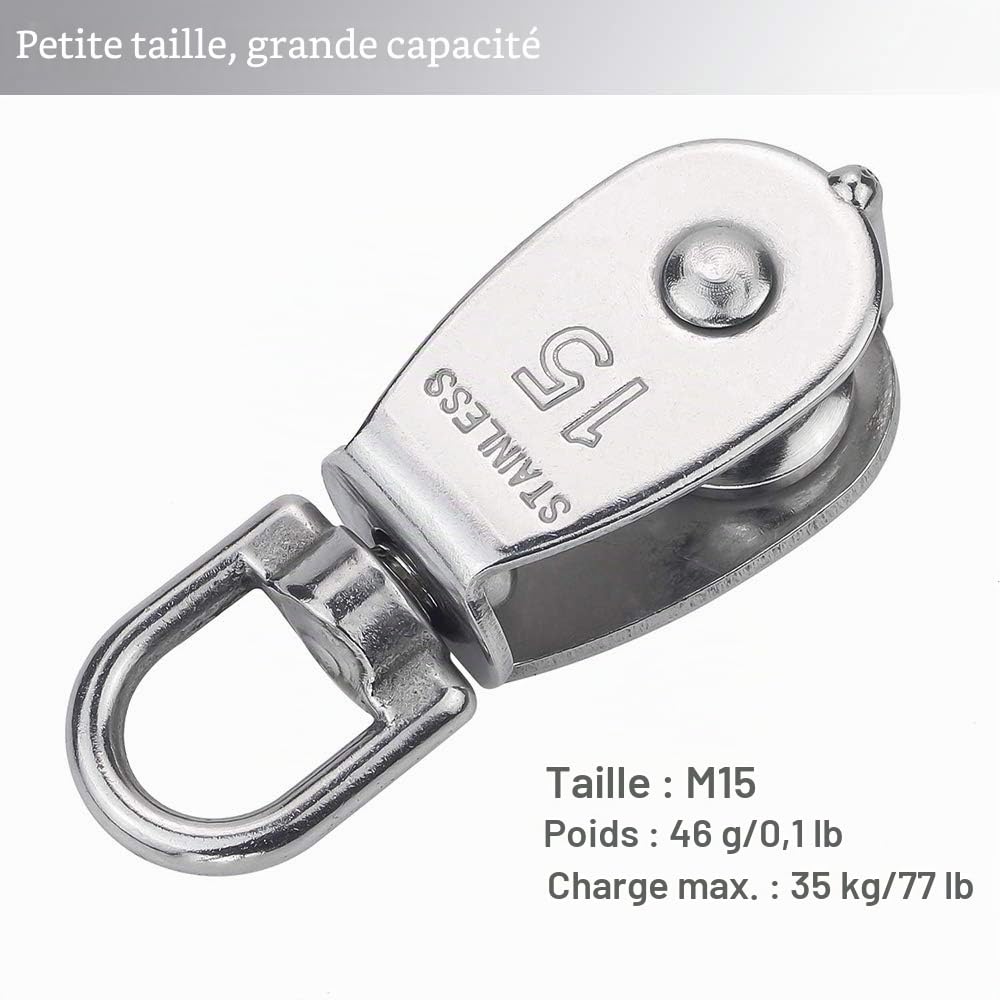12 Pièces M15 Poulie Simple en Acier Inoxydable 304, AUHOTA 15MM Seul Poulies Bloc Rouleau, Grue Pivot Crochet Lisse Fil Corde Câble Chargement 77lbs/35Kg