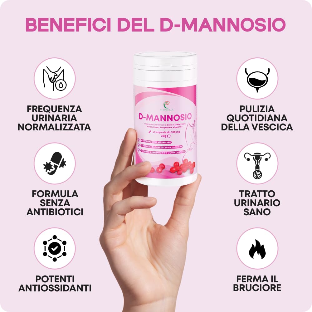 FloTree Lab® D Mannosio Cistite con Cranberry (Mirtillo Rosso), Pompelmo e Vitamina C, Dmannosio Puro 2000 mg, Integratore Vie Urinarie Donna Uomo Naturale, 40 Capsule