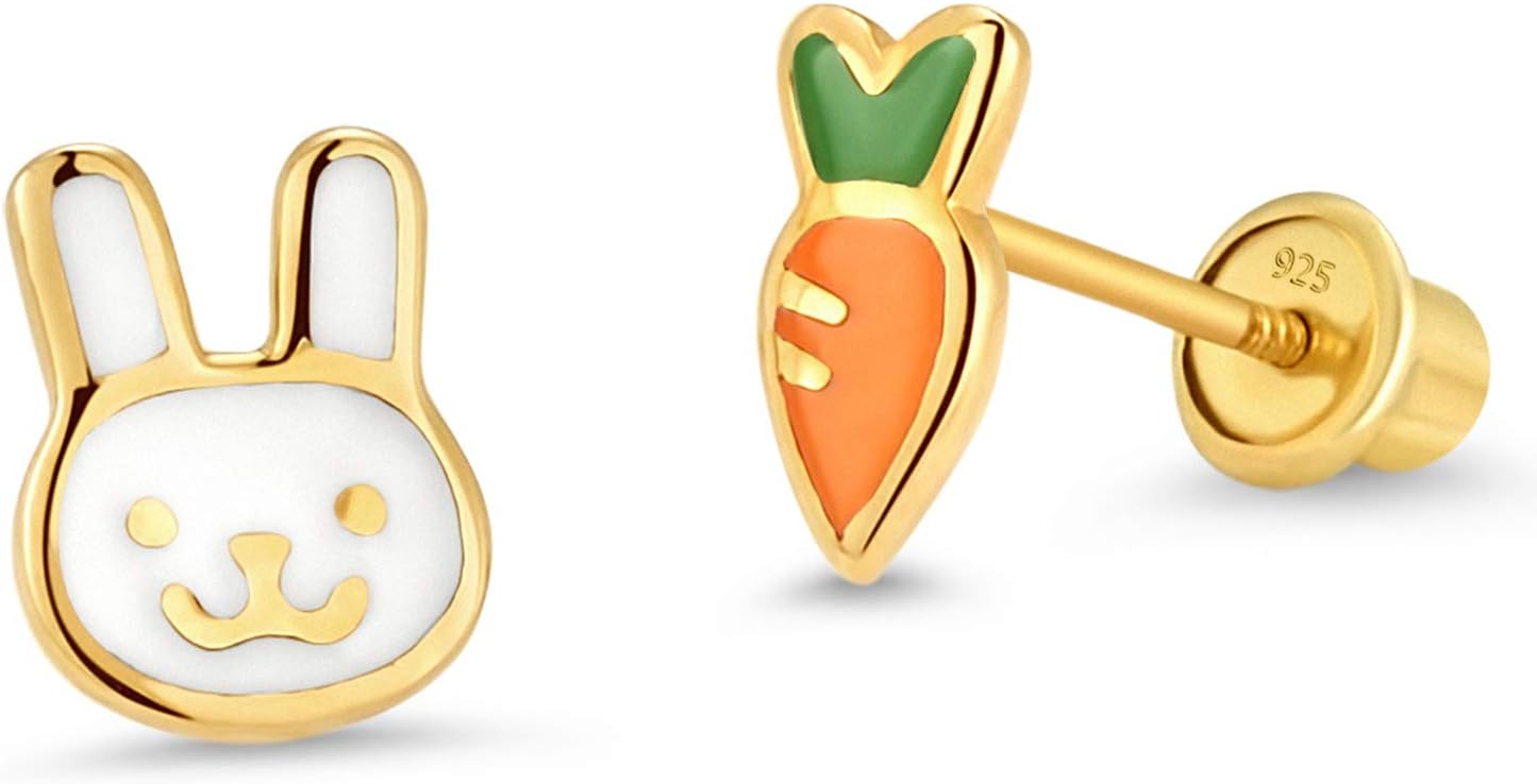14k Gold Plated Enamel Rabit Carrot Baby Girls Earrings with Sterling Silver Post