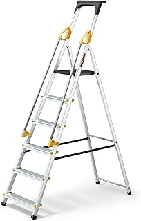 DRABEST Leiter PRO Serie Aluleiter 6 Stufen Klapptrittleiter mit Sicherheits Handläufen Haushaltsleiter bis 150 kg belastbar