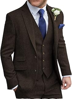 Men's Suits Formal Regular Fit 3 Piece Herringbone Tweed Wool Business Jacket Tuxedos Blazer+Vest+Pants Wedding