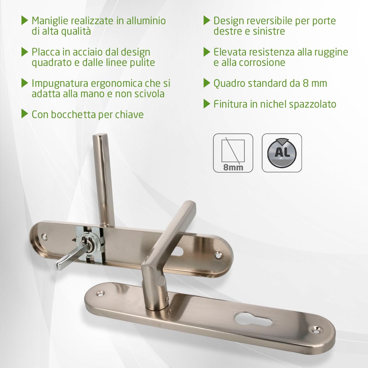 Amig - Confezione da 4 set di maniglie con piastra in acciaio per porte - mod. MAI PB85-240 x 45 mm – Quadretto da 8 mm – Design elegante e semplice – Con Bocallave – Alluminio nichel spazzolato