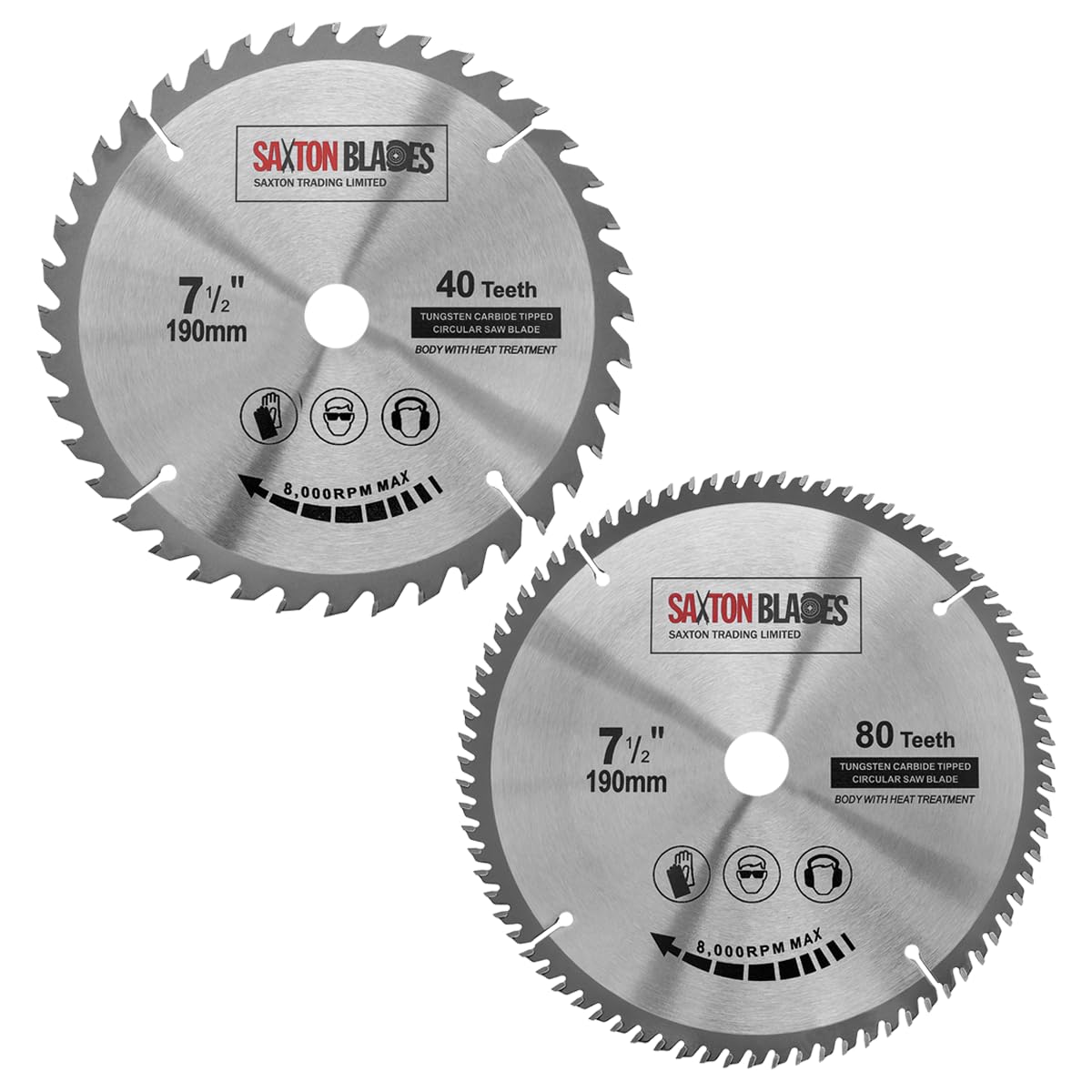 Saxton TCT190MXA20B TCT Circular Saw Blades 190mm x 40 & 80T x 20mm Bore (16mm ring) fits Bosch Makita etc (Pack of 2)