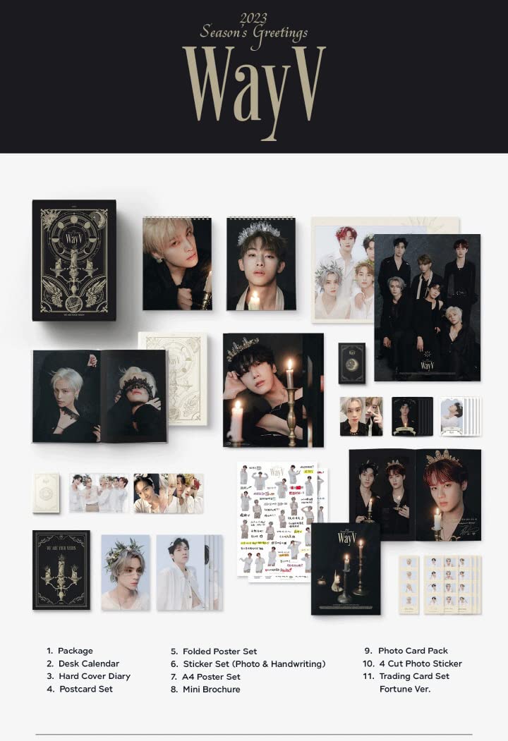 SM Ent 2023 Season's Greetings Package+Desk calendar+Hardcover diary+Envelope+Postcard+Folding poster on pack+Sticker+Mini Brochure+Clear photocard+Photocard+Photo sticker+Tracking (WayV)