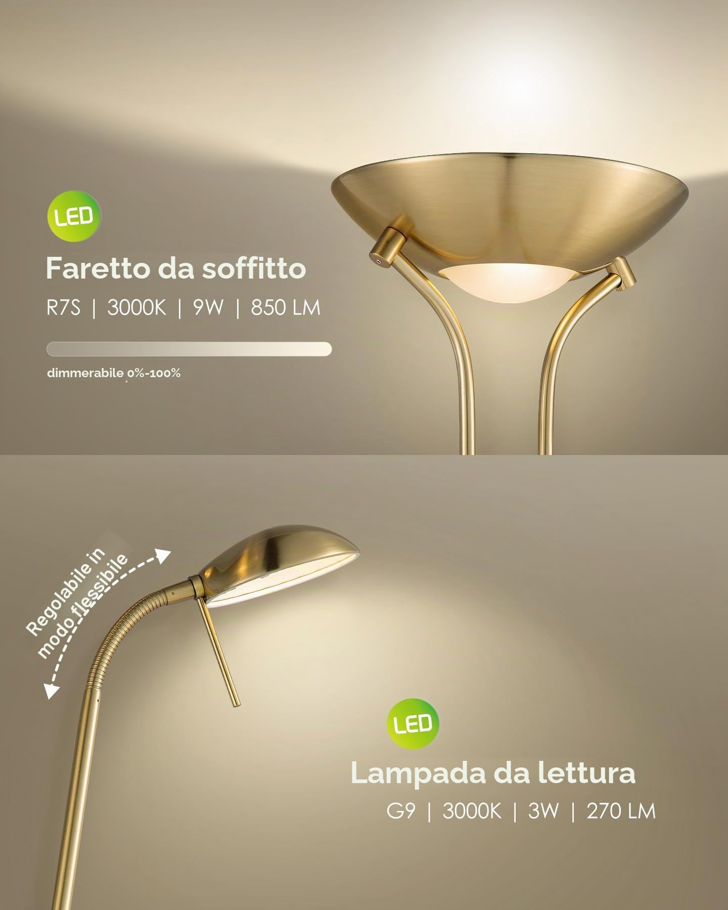 Home Sweet Home Lampada da terra classica - 50 x 50 x 180cm - Dimmerabile con luce principale R7s - Con luce da lettura G9 - Bronzo dorato - Utilizzo per camere da letto e soggiorni