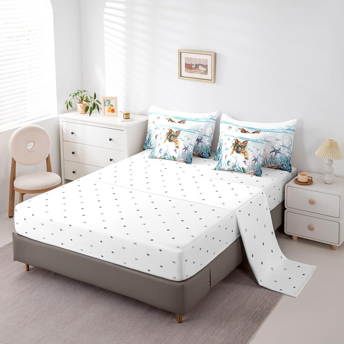 Feelyou Cute Dog 7 Pieces Bedding Set German Shepherd Full Comforter Set with Sheets for Kids Boys Girls Room Decor Ocean Bed in a Bag Puppy Dog Bed Set