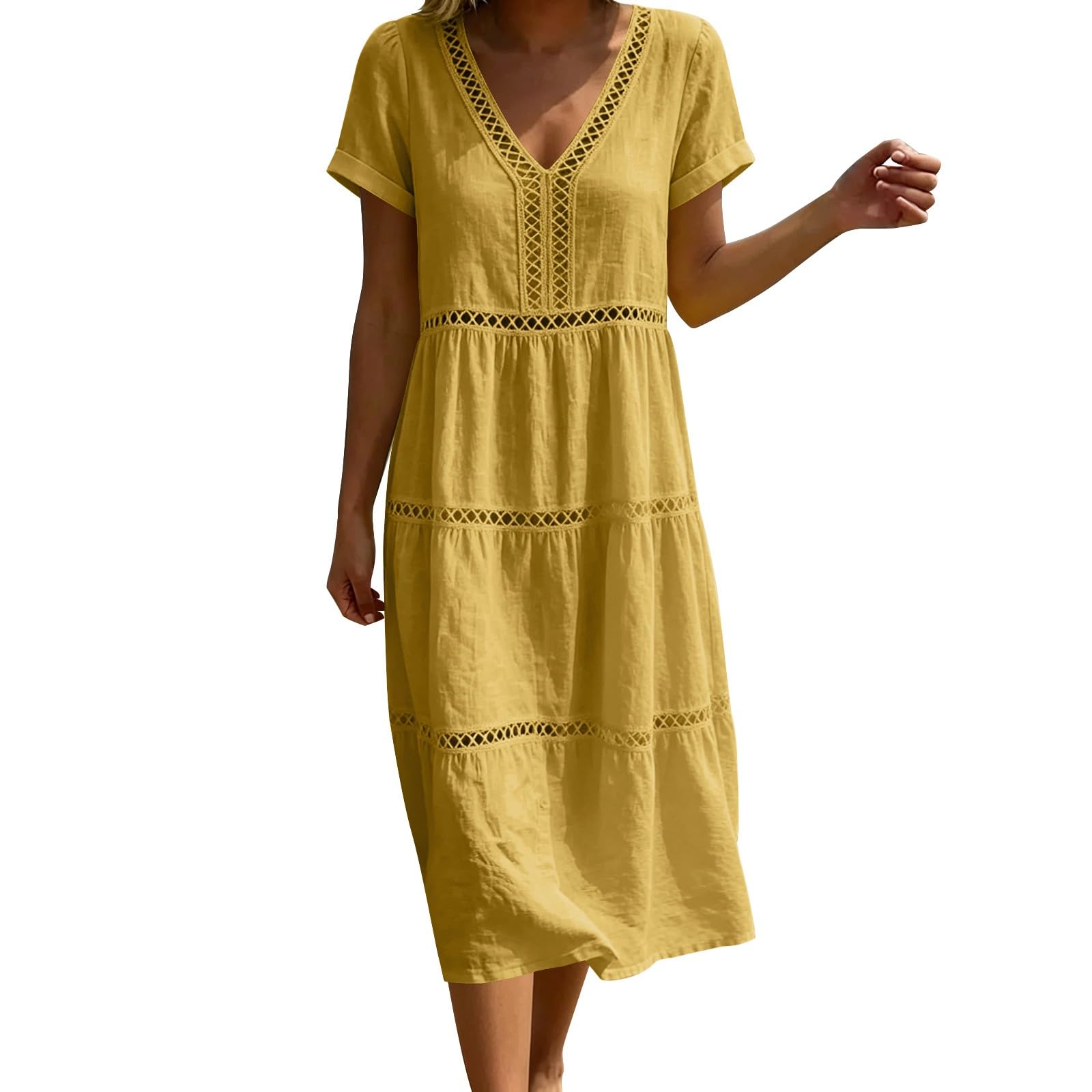 Sommerkleid Damen Lang Boho Elegant 3/4 Ärmel Lochstickerei Musselin Locker Boho Kleid Sommer Strandkleid Elegant Baumwolle Leinenkleid A-Linie Hohe Taille Maxikleid Leicht und Luftig Freizeitkleid