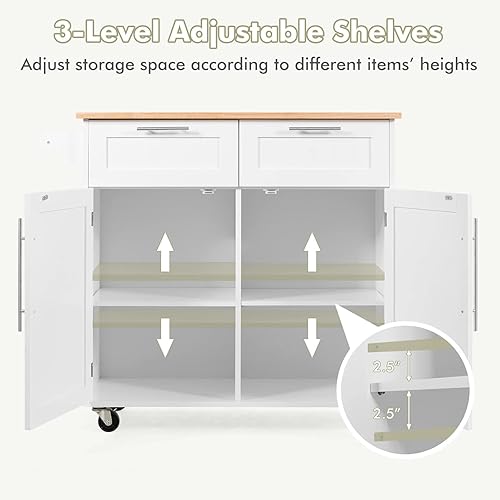 Miniatura 6 de LOKO Isla de cocina con almacenamiento, carrito de cocina portátil con encimera de madera de goma, ruedas universales y estantes ajustables, isla de