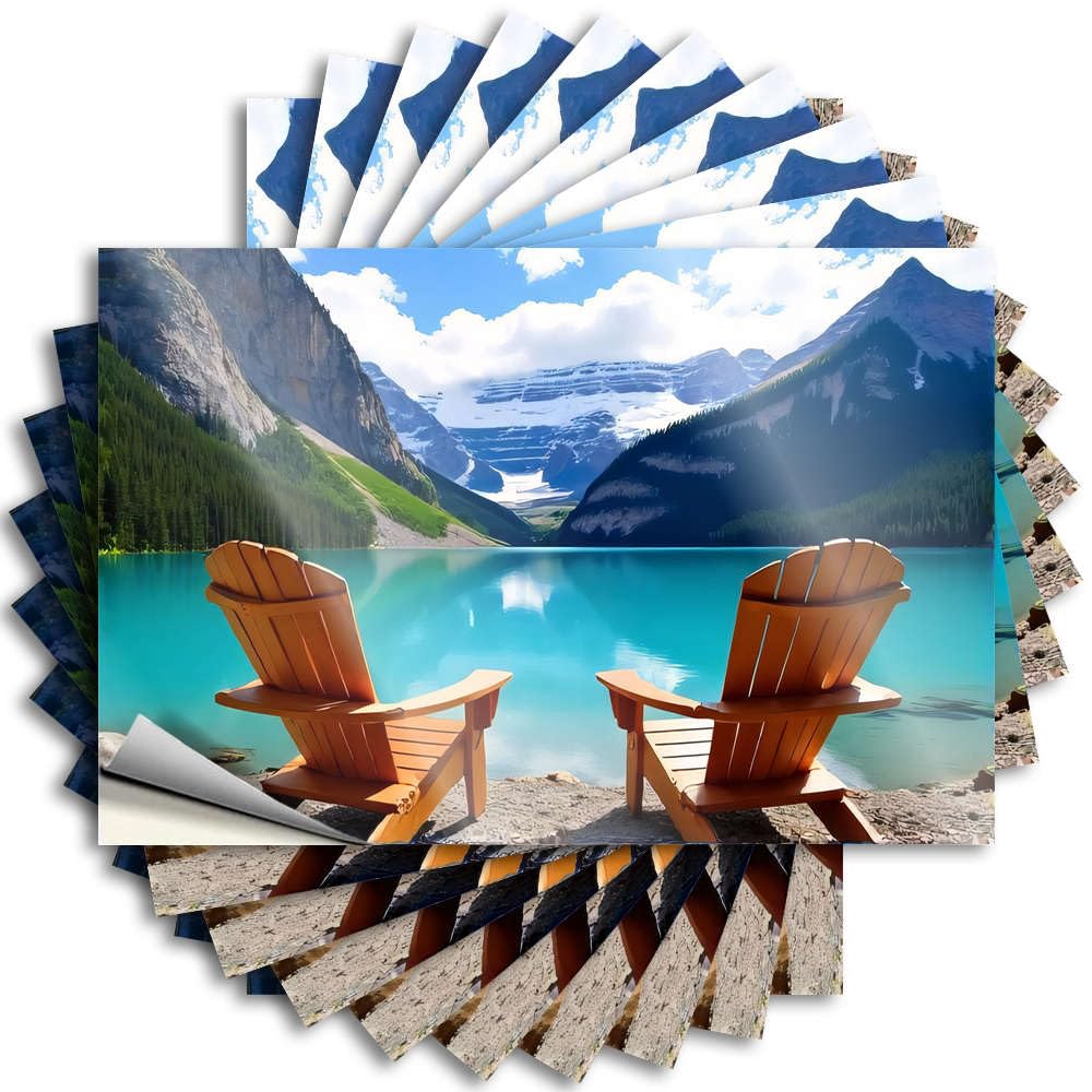 Tattoos Haves Custom Stickers, Hard Waterproof Two Wooden Chairs Facing A Serene Lake Surrounded By Mountains for Hydro Flask | Girly Vinyl Decals for Beer Holiday Gift(12X18CM)