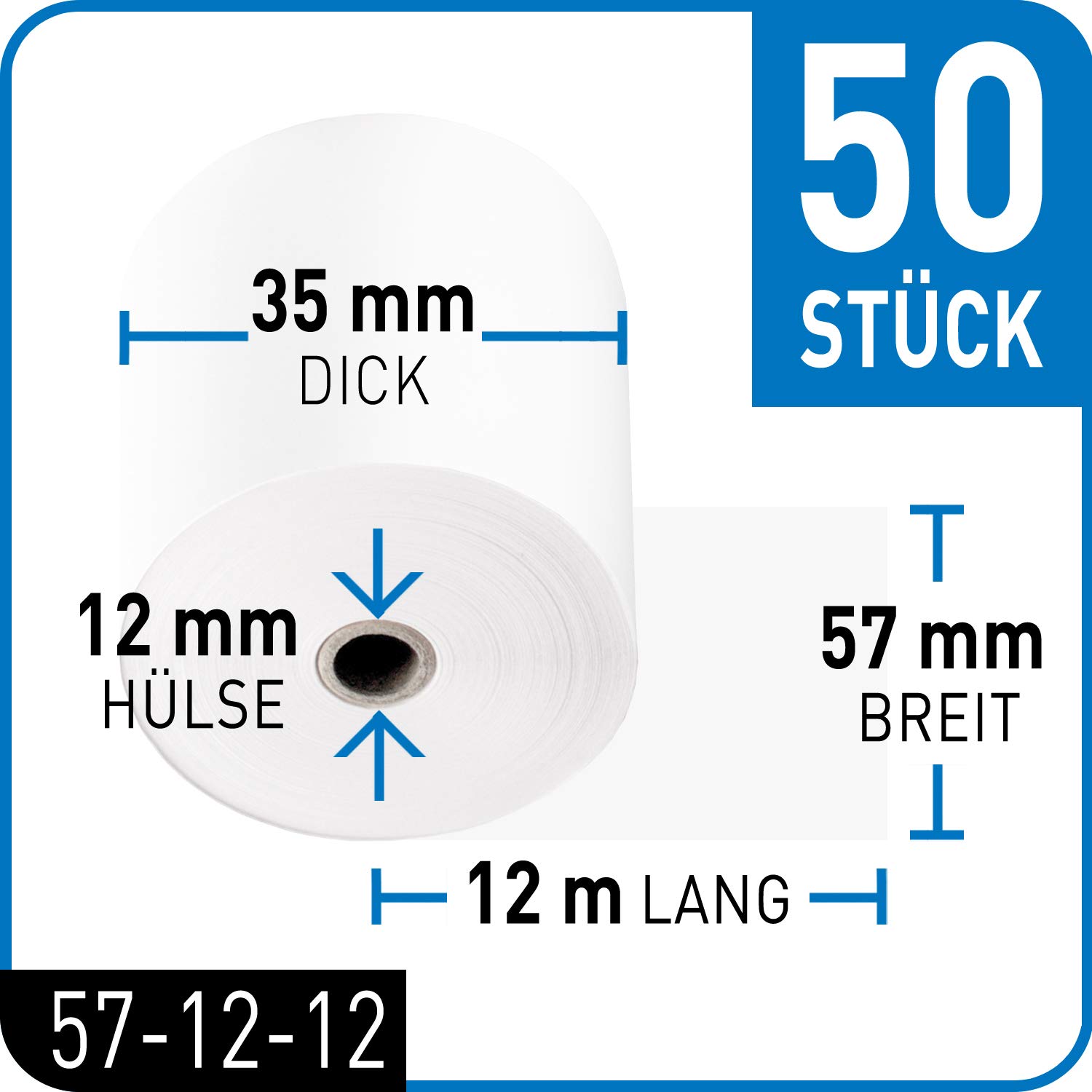 Kassenbon24.de EC-Cash Rollen 57x35x12mm – 12m | 50 Stück BPA-frei | Thermorollen für Kartenterminal EC-Terminal Kartenleser | Kassenbonrollen Thermopapier 48g/m²