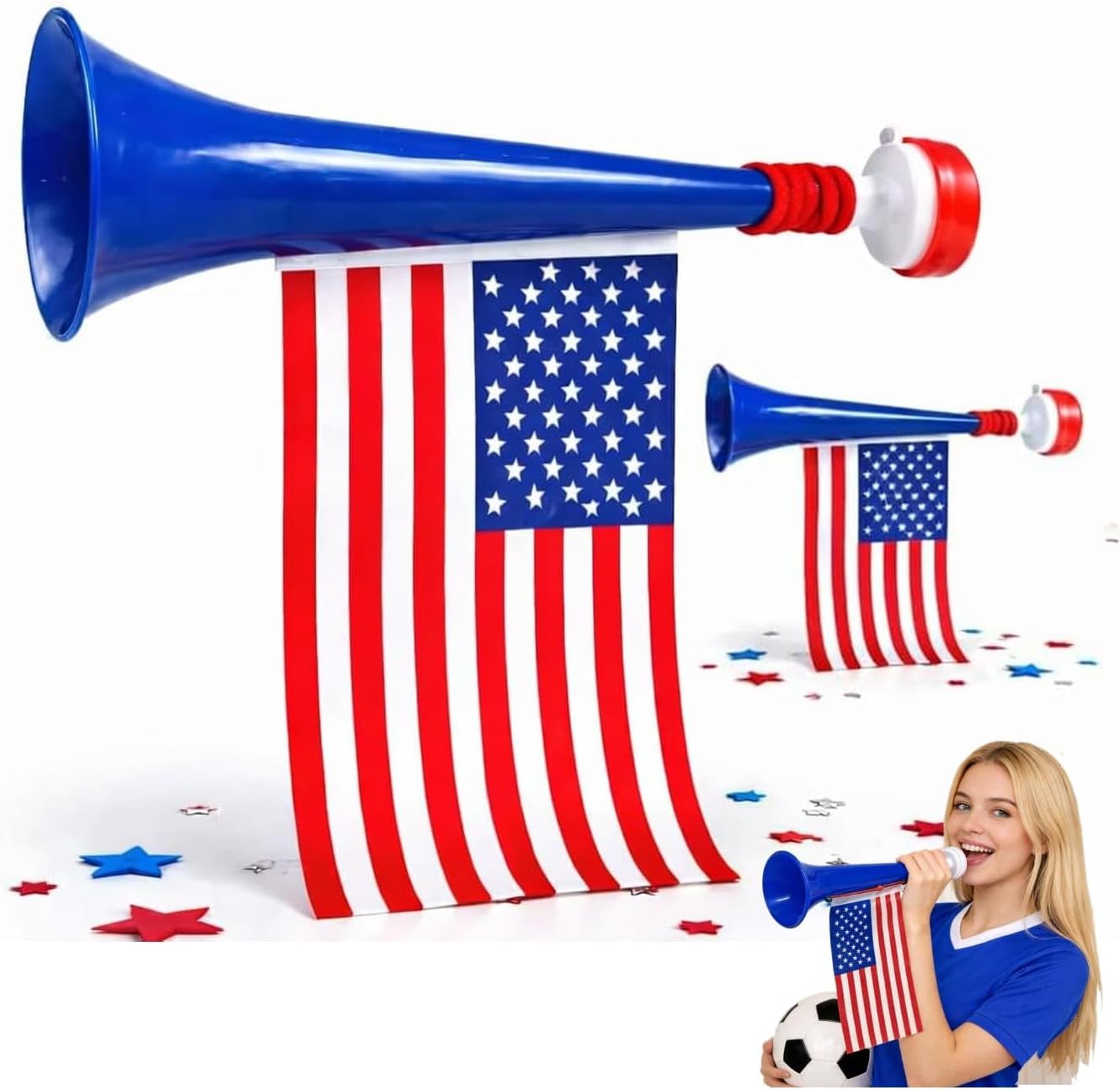 USA Flag Stadium Horn - Soccer Fan Patriotic Vuvuzela Horn with USA Flag, Loud Stadium Noise Maker for Sports Events, Parades, Celebrations -2pc