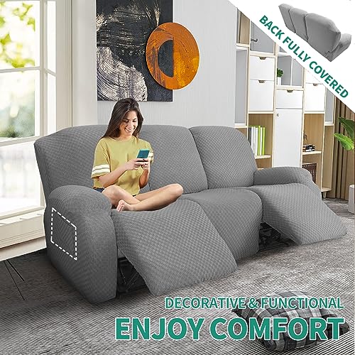 Image of YEMYHOM 8 Pieces Stretch Recliner Sofa Cover Jacquard Reclining Couch Cover with Side Pocket Anti-Slip Fitted 3 Cushion Furniture Slipcovers with Elastic Bottom (Sofa Recliner, Light Gray)