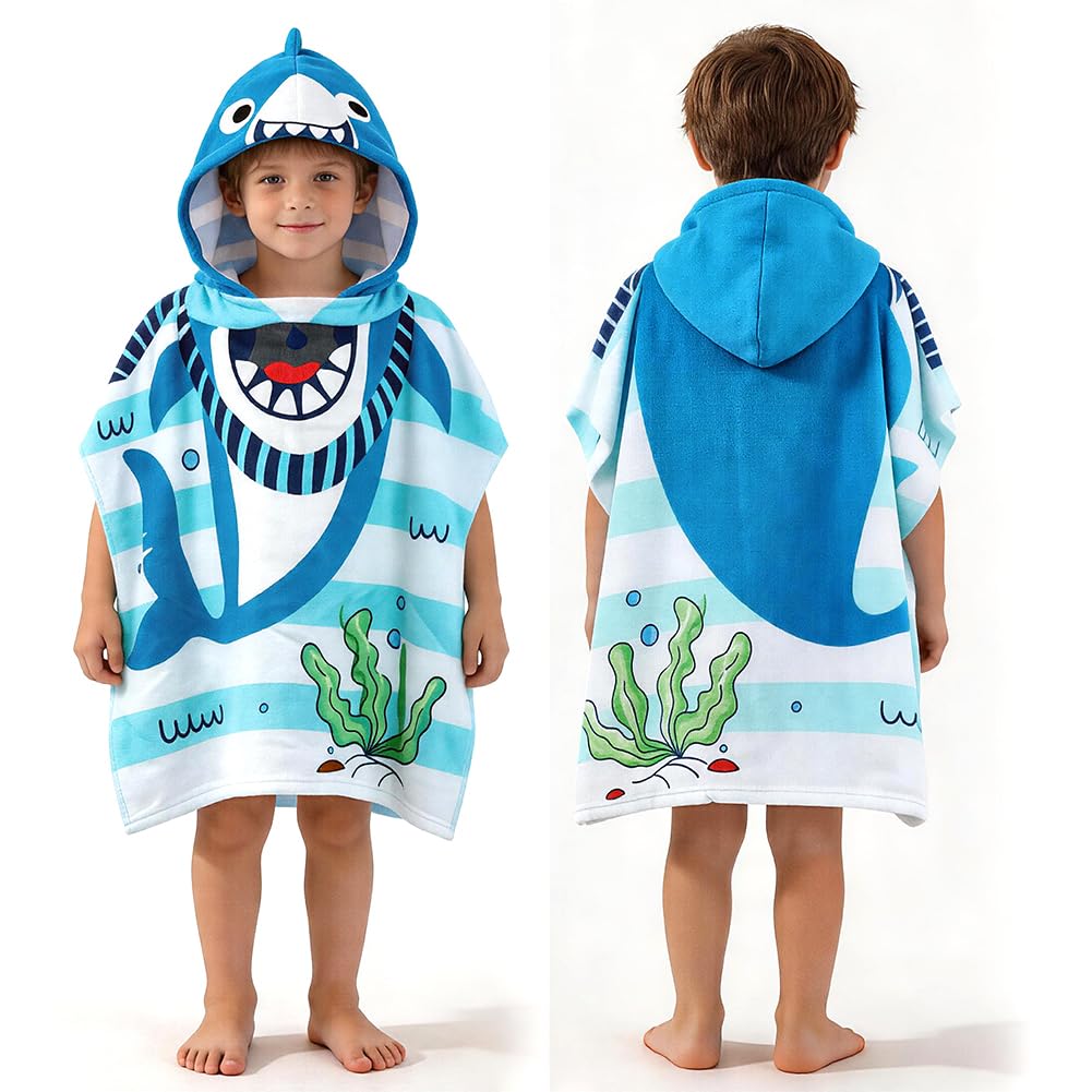 Htgwcg Boys White Kids Hooded Poncho Towels, Shark Swim Changing Robe Bath Towel Poncho For Beach Swimming Pool, Microfiber Soft And Large Bathrobe For Girls Children Ages 6-14