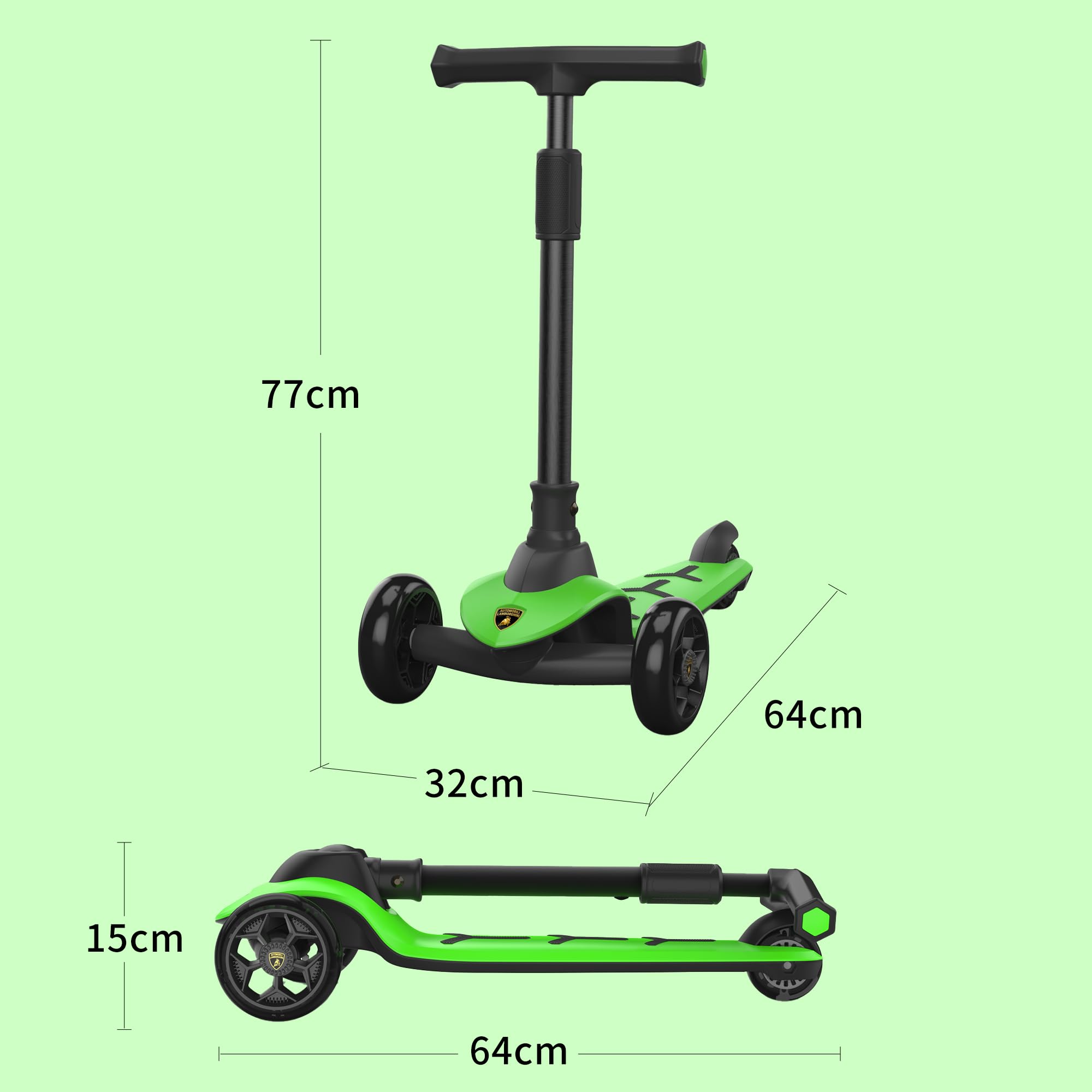 Lamborghini Kinder Roller Scooter ab 3 Jahren bis 50 kg - Tretroller mit 2 Lenkmodi, Leichter Aluminiumrahmen, PU-Leuchträdern, Hinterbremse, faltbar & höhenverstellbar