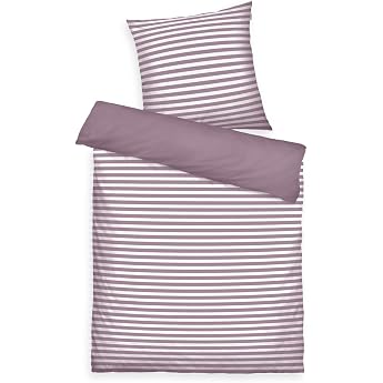TOM TAILOR Renforc  Bed Linen 80 x 80 cm + 135 x 200 cm 100% Cotton/Renforc  with Reversible Motif and Coloured Branded Zip Medium Stripes Purple White Cozy Mauve & Crisp White