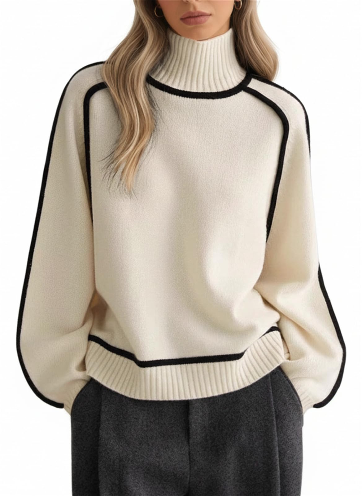 Womens Mock Neck Sweaters Trendy Long Sleeve Color Block Knit Pullover Casual Loose Fall Winter Jumper Tops