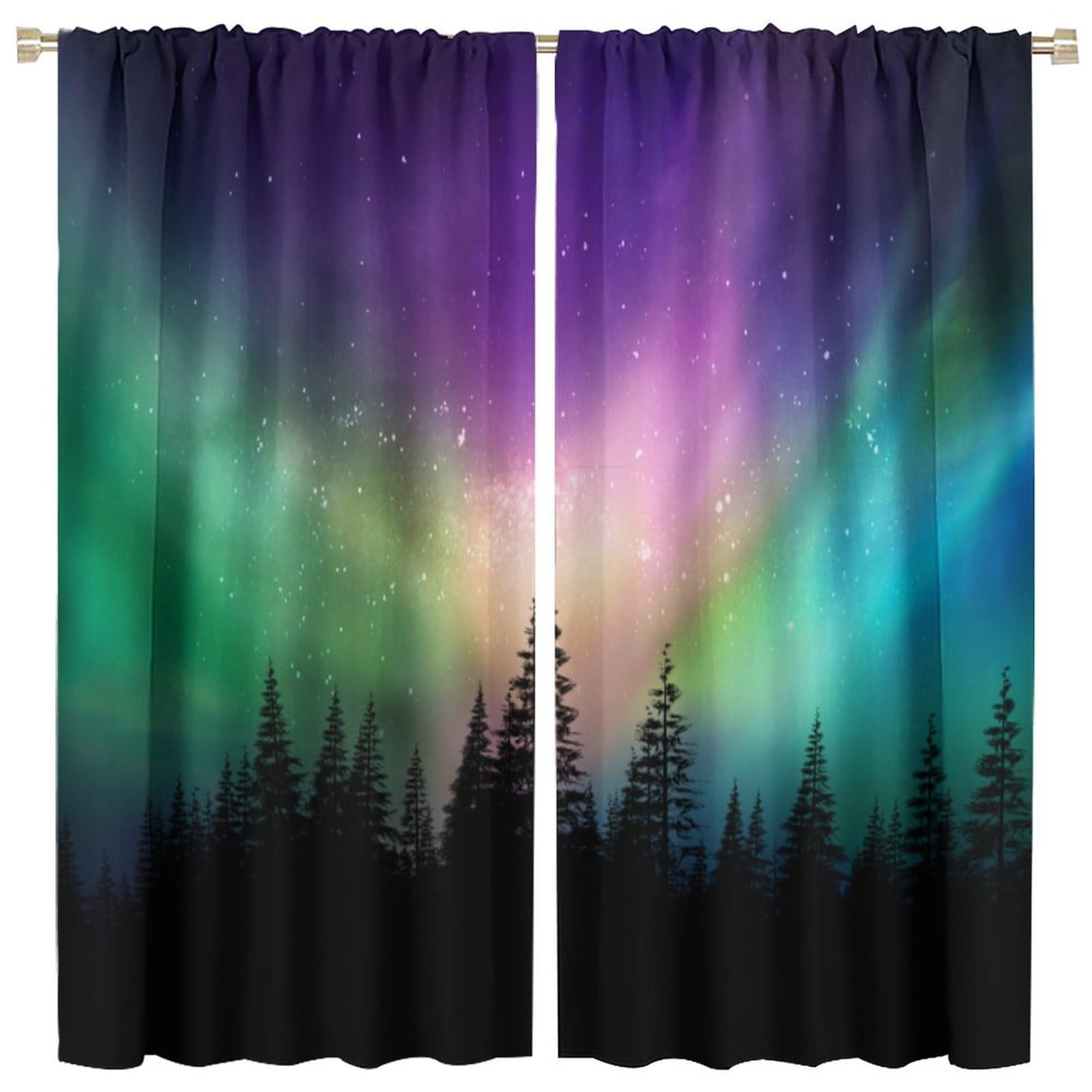 Girls Aurora Curtains, Nature Forest Purple Starry Sky Northern Lights Landscape Pattern Decor Windows Treatments, Thermal Insulated Drapes for Boys Kids Living Room Bedroom Kitchen 42x45in
